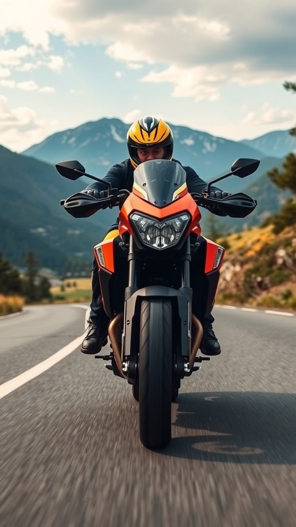 Duck 390 motorcycle riding on a scenic road with mountains in the background.